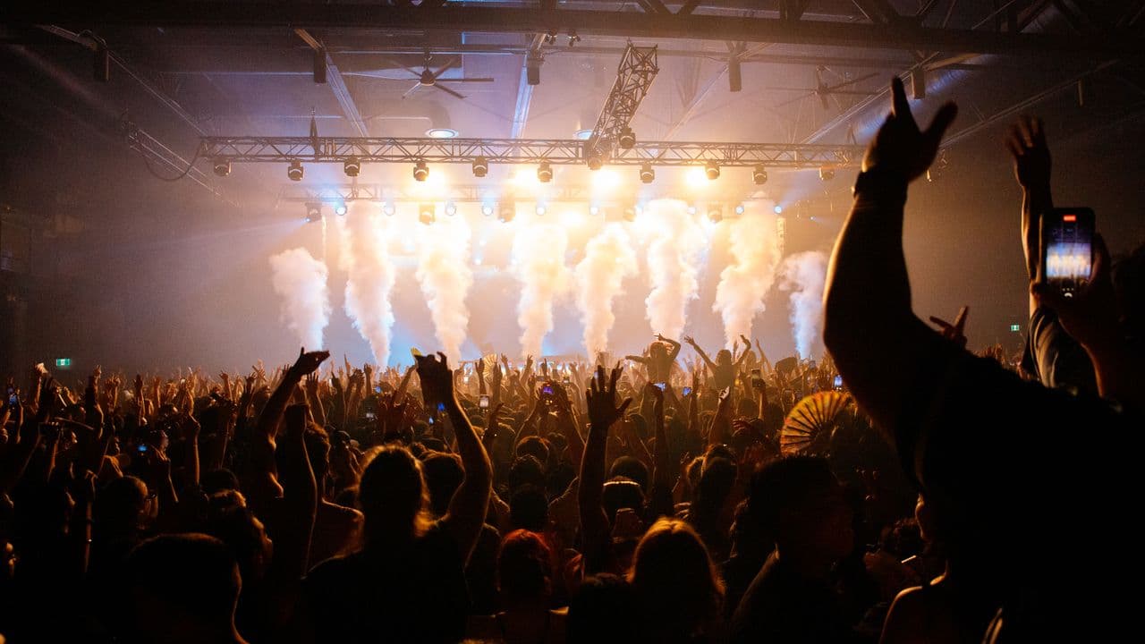 Public levant les bras pendant un concert, dans une lumière colorée.